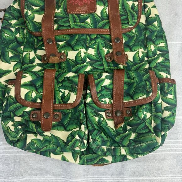 Tropical Banana Palm Leaf Canvas Leather Safari Backpack Bag Medium Green Brown main image 6